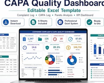 Customer Complaint CAPA Quality Dashboard Excel Template (Digital Download)