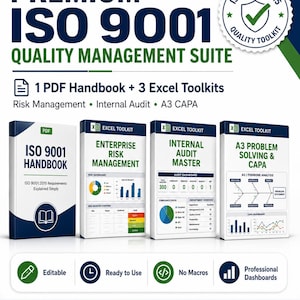 May include: A Premium ISO 9001:2015 Quality Management Suite featuring one PDF handbook and three Excel toolkits for risk management, internal audit, and A3 CAPA. The set includes professional dashboards, is editable, ready to use, and contains no macros.
