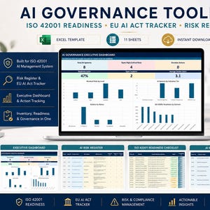 Op de afbeelding: Een Excel-sjabloon voor een AI-governance-toolkit met een executive dashboard, risicoregister en ISO 42001-checklist. De weergave toont 11 bladen, datavisualisaties en compliance-trackingtools voor het beheer van AI-systemen, risico's en audits.