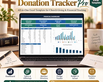 Rastreador de donaciones de diezmos de la iglesia Pro / Rastreador de donaciones, directorio de miembros, rastreador de promesas, presupuesto vs. real y carta de donación en Excel