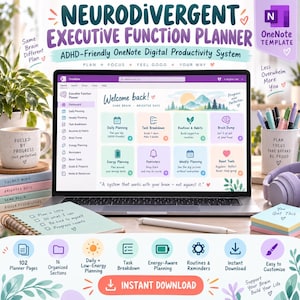 May include: A digital OneNote planner template titled Neurodivergent Executive Function Planner displayed on a laptop screen. The interface features sections for daily planning, task breakdown, routines, habits, and energy management with pastel icons.