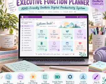 Planificador de funciones ejecutivas para personas neurodivergentes / Planificador digital OneNote para TDAH, desglose de tareas, planificación energética y sistema de productividad.