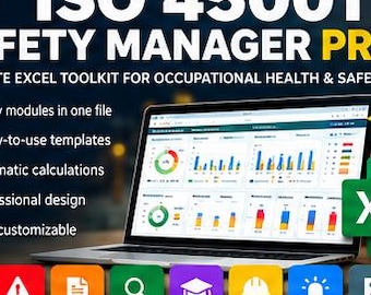 Gestión de la seguridad según la norma ISO 45001 (Excel) / Evaluación de riesgos, incidentes, formación, EPI y panel de control de seguridad