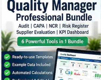 Quality Manager Professional Bundle: Audit, CAPA, NCR, Risk, Supplier, KPI (Excel Templates)