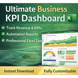 Puede incluir: Anuncio de un panel de control de KPI empresarial. La imagen presenta una tableta que muestra datos de ventas y gráficos. El texto incluye "Ultimate Business KPI Dashboard", "Informes automatizados" y "Descarga instantánea".