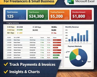 Invoice Tracker Excel Dashboard, Small Business Finance Spreadsheet (Digital Download)