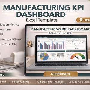 Könnte beinhalten: Ein Laptop zeigt ein Excel-Template für ein Manufacturing KPI Dashboard. Der Bildschirm zeigt Diagramme zur Verfolgung von Produktionskennzahlen, Ausfallzeiten und OEE. Der Text enthält "Manufacturing KPI Dashboard Excel Template" und "Sofort-Download".