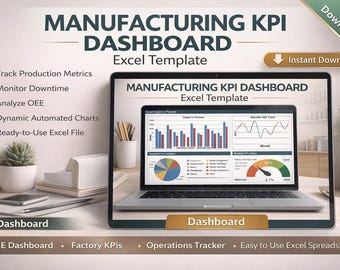 Manufacturing KPI Dashboard Excel Template, Production Tracker, OEE Analysis (Excel)