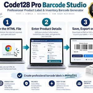 Może przedstawiać: Interfejs oprogramowania Code128 Pro Barcode Studio przedstawia trzyetapowy proces: otwarcie pliku HTML, wprowadzenie szczeg&oacute;ł&oacute;w produktu do formularza oraz zapisywanie, eksportowanie lub drukowanie etykiet z kodami kreskowymi.