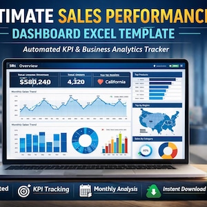 May include: A laptop screen shows a dashboard Excel template with the text "ULTIMATE SALES PERFORMANCE" and "DASHBOARD EXCEL TEMPLATE". The display features charts and graphs for data analysis. Icons at the bottom indicate automated reports, KPI tracking, monthly analysis, and instant download.