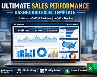 Sales Dashboard Excel Template, KPI Tracker, Automated Analytics (Digital Download)