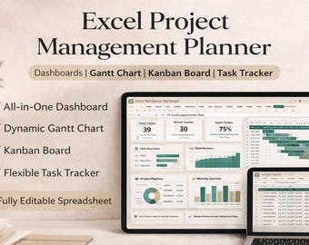 Project Management Planner | Gantt Chart, Dashboard, Task Tracker, Kanban Board | Business & Productivity Spreadsheet