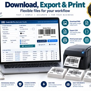 Może przedstawiać: Ekran laptopa wyświetlający interfejs oprogramowania Code128 Pro Barcode Studio z polami informacji o produkcie, podglądem kodu kreskowego i dziennikami historii. Obok laptopa znajduje się czarna termiczna drukarka etykiet.