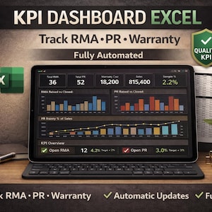 May include: A tablet showing a KPI dashboard in Excel, with data visualizations and the text "KPI Dashboard Excel." The image includes a keyboard, a notebook, a pen, and a small plant in a pot. The text reads "Track RMA • PR • Warranty" and "Fully Automated."