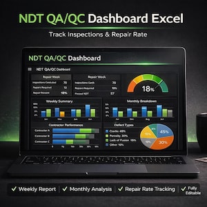May include: A laptop screen displays a dashboard titled "NDT QA/QC Dashboard Excel." The screen shows charts and graphs tracking inspections, repair rates, and contractor performance. The text includes "Weekly Report," "Monthly Analysis," and "Repair Rate Tracking."