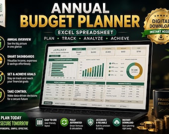 Annual Budget Planner Excel Spreadsheet, Finance Tracker (Digital Download)