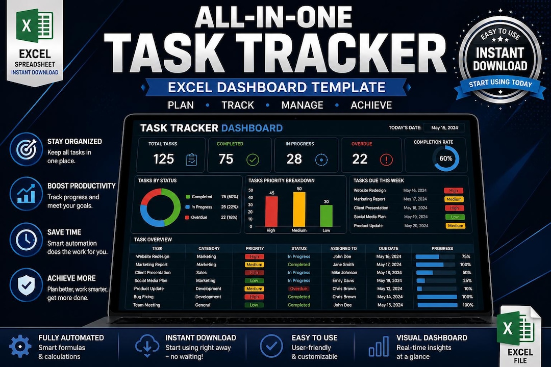 All-in-one Excel Task Tracker | Project Management Dashboard (digital ...