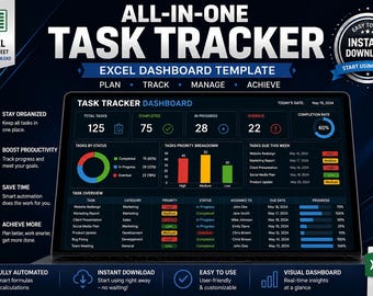 All-in-One Excel Task Tracker | Project Management Dashboard (Digital Download)