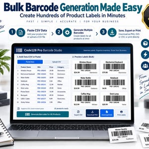Może przedstawiać: Ekran laptopa wyświetlający interfejs oprogramowania Code128 Pro Barcode Studio z listą produkt&oacute;w i wygenerowanymi kodami kreskowymi. Ekran pokazuje kolumny z nazwą produktu, numerem SKU, ceną oraz kategorią wraz z podglądem etykiet.