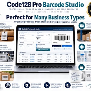 Może przedstawiać: Ekran laptopa z interfejsem oprogramowania Code128 Pro Barcode Studio, otoczony ikonami i tekstem opisującym zastosowania biznesowe w handlu detalicznym, produkcji, magazynowaniu, opiece zdrowotnej oraz zarządzaniu biurem i dokumentacją.