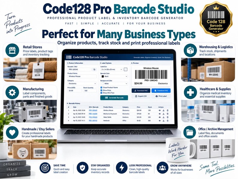 Może przedstawiać: Ekran laptopa z interfejsem oprogramowania Code128 Pro Barcode Studio, otoczony ikonami i tekstem opisującym zastosowania biznesowe w handlu detalicznym, produkcji, magazynowaniu, opiece zdrowotnej oraz zarządzaniu biurem i dokumentacją.