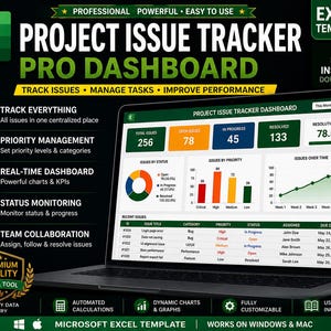 May include: A laptop screen displays a project issue tracker dashboard with charts and data. The screen shows the text "Project Issue Tracker Pro Dashboard" and includes data visualizations, charts, and the text "Track Issues, Manage Tasks, Improve Performance."