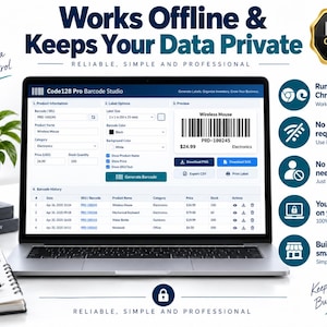 Może przedstawiać: Laptop z interfejsem oprogramowania Code128 Pro Barcode Studio, zawierający pola informacji o produkcie, opcje etykiet, podgląd kodu kreskowego oraz tabelę historii z kodem kreskowym dla myszy bezprzewodowej w cenie 24,99 USD.