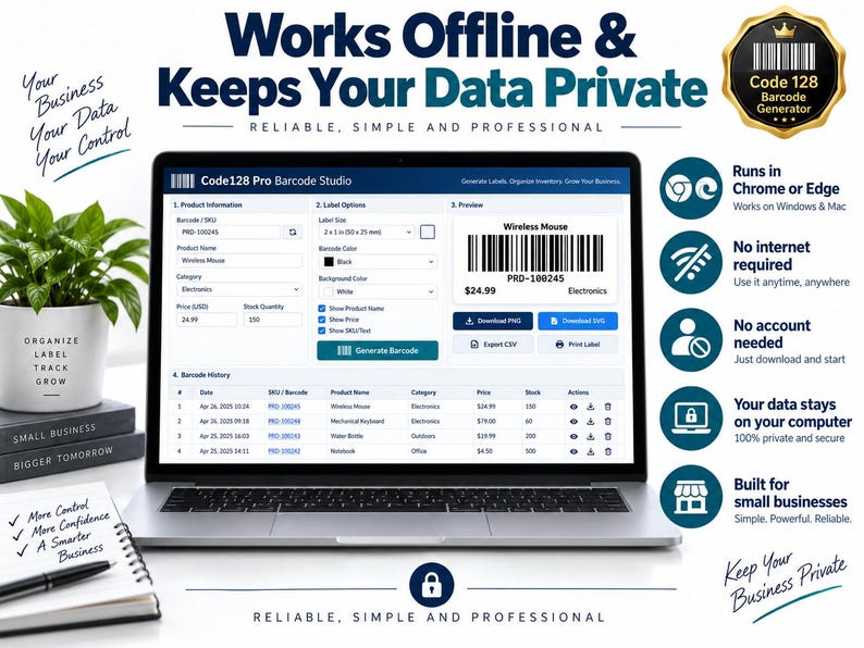 Może przedstawiać: Laptop z interfejsem oprogramowania Code128 Pro Barcode Studio, zawierający pola informacji o produkcie, opcje etykiet, podgląd kodu kreskowego oraz tabelę historii z kodem kreskowym dla myszy bezprzewodowej w cenie 24,99 USD.