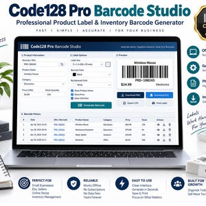 May include: A laptop screen displaying the Code128 Pro Barcode Studio software interface, featuring product information fields, label options, a preview window with a barcode, and a barcode history table for inventory management.