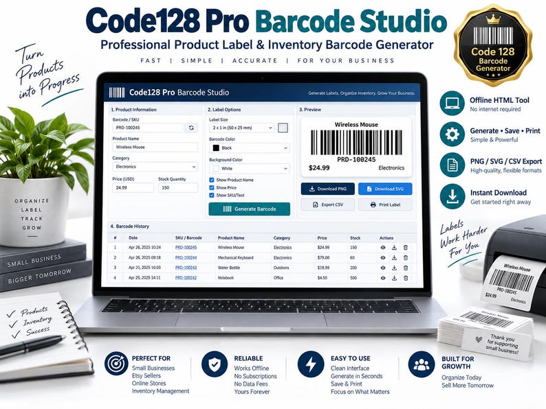 Może przedstawiać: Ekran laptopa wyświetlający interfejs oprogramowania Code128 Pro Barcode Studio, zawierający pola informacji o produkcie, opcje etykiet, okno podglądu z kodem kreskowym oraz tabelę historii kod&oacute;w kreskowych do zarządzania zapasami.