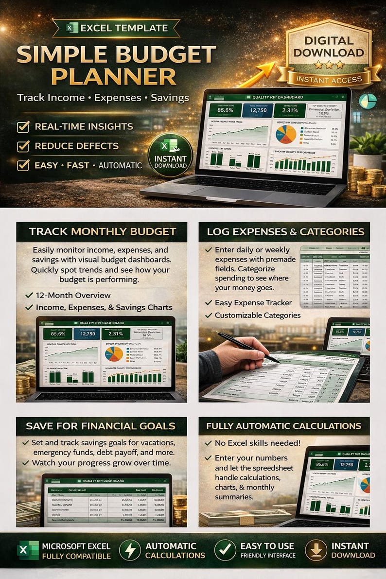 Simple Budget Planner Excel Spreadsheet, Monthly Income Expense Tracker ...