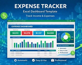 Expense Tracker Excel Dashboard Template (Digital Download)