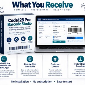 Może przedstawiać: Pakiet oprogramowania Code128 Pro Barcode Studio z pudełkiem z brandingiem oraz laptopem wyświetlającym interfejs generatora kod&oacute;w kreskowych. Ekran pokazuje pola informacji o produkcie, opcje etykiet oraz podgląd etykiety z kodem.