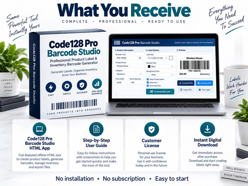 Może przedstawiać: Pakiet oprogramowania Code128 Pro Barcode Studio z pudełkiem z brandingiem oraz laptopem wyświetlającym interfejs generatora kod&oacute;w kreskowych. Ekran pokazuje pola informacji o produkcie, opcje etykiet oraz podgląd etykiety z kodem.
