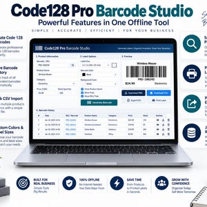 Może przedstawiać: Ekran laptopa wyświetlający interfejs oprogramowania Code128 Pro Barcode Studio, zawierający sekcje z informacjami o produkcie, opcjami etykiet i historią kod&oacute;w kreskowych. Ekran pokazuje podgląd etykiety z kodem kreskowym dla myszy bezprzewodowej.