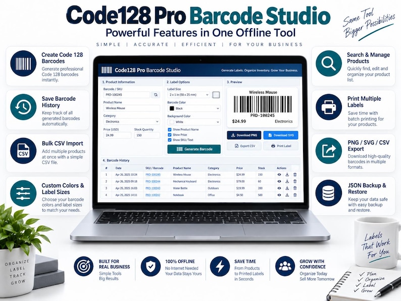 Może przedstawiać: Ekran laptopa wyświetlający interfejs oprogramowania Code128 Pro Barcode Studio, zawierający sekcje z informacjami o produkcie, opcjami etykiet i historią kod&oacute;w kreskowych. Ekran pokazuje podgląd etykiety z kodem kreskowym dla myszy bezprzewodowej.
