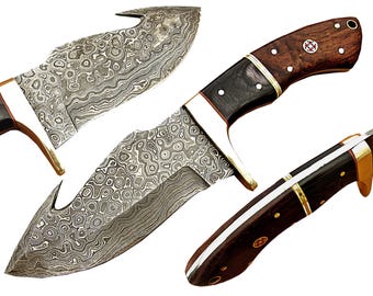 Handmade Damascus Steel Gut Hook Skinner Knife, Custom Fixed Blade Knife, camping Knife, Gift For Him