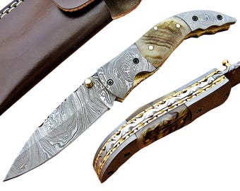 Custom Handmade Damascus Steel Folding Pocket Knife Liner Lock Folding Knife Sheep Horn Handle