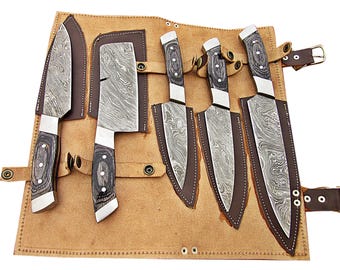 Hand-Forged Damascus Steel Chef Knife Set, Pakka Wood Handle, 5-Piece Kitchen Knives (Leather Roll)