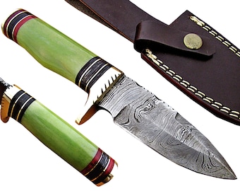 Op maat gemaakt handgemaakt jachtmes met handvat van gekleurd bot, mes van damascusstaal, gepersonaliseerd campingmes, bushcraft-survivalmes