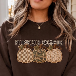 Faux Patchwork Pumpkin Season Sweatshirt, Leopard Camo Checkered Crewneck, Cozy Fall Gift