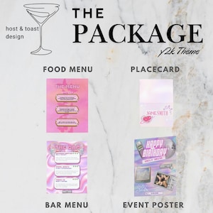 Peut inclure: Graphique promotionnel sur fond marbré présentant quatre produits : un menu, un carton de table, un menu de bar et une affiche d'événement. Le design a un thème y2k. Le texte comprend "The Package", "Four products, One price" et "Buy-Download-Edit-Print."