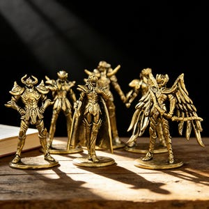 Puede incluir: Seis figuras doradas de personajes con armadura, cada una sobre una base circular. Las figuras muestran diseños de armadura detallados y varias poses, sobre un fondo oscuro. Las figuras son de metal.