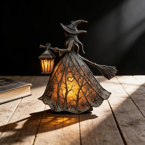 手作りの魔女ランプ ハロウィン装飾、居心地の良い不気味なランタン、ヴィンテージ魔女風ライト、ゴシックテーブルアクセント、秋のハロウィンホームデコレーション