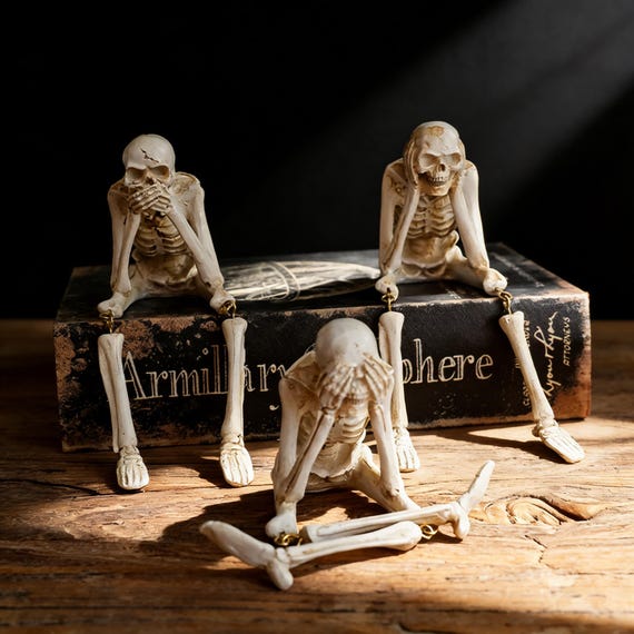 See No Evil Hear No Evil Speak No Evil Skull Decor, Movable Legs Resin Ornament, Halloween Gothic Gift, Dark Art Desk Decor