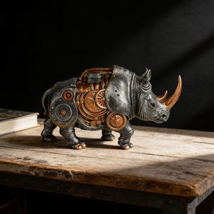 Mechanische Punk-Nashorn-Harz-Statue, handgemachte industrielle Tierskulptur, Retro-futuristisches Dekor, einzigartiges Schreibtisch-Regal-Kunst-Geschenk