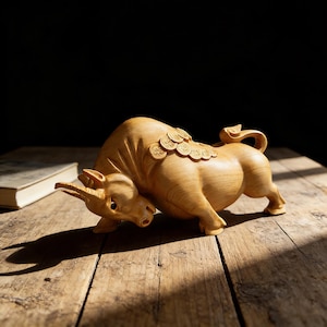 May include: A finely carved wooden bull sculpture in a dynamic pose, with coin-shaped details along its back. The light-toned wood carving is set on a rustic wooden surface. A book is visible in the background.