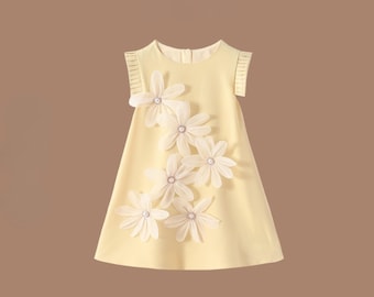 Girls Yellow Floral Dress with Ruffle Sleeves and Pearl Embellishments Casual Spring Dress