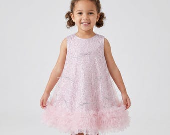Pink Sequin Dress for Girls with Tulle Ruffled Hem Sleeveless Party Dress Back Zipper