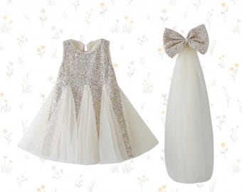 Vestido formal para niña con corpiño de lentejuelas, falda de tul y tocado con lazo plateado.
